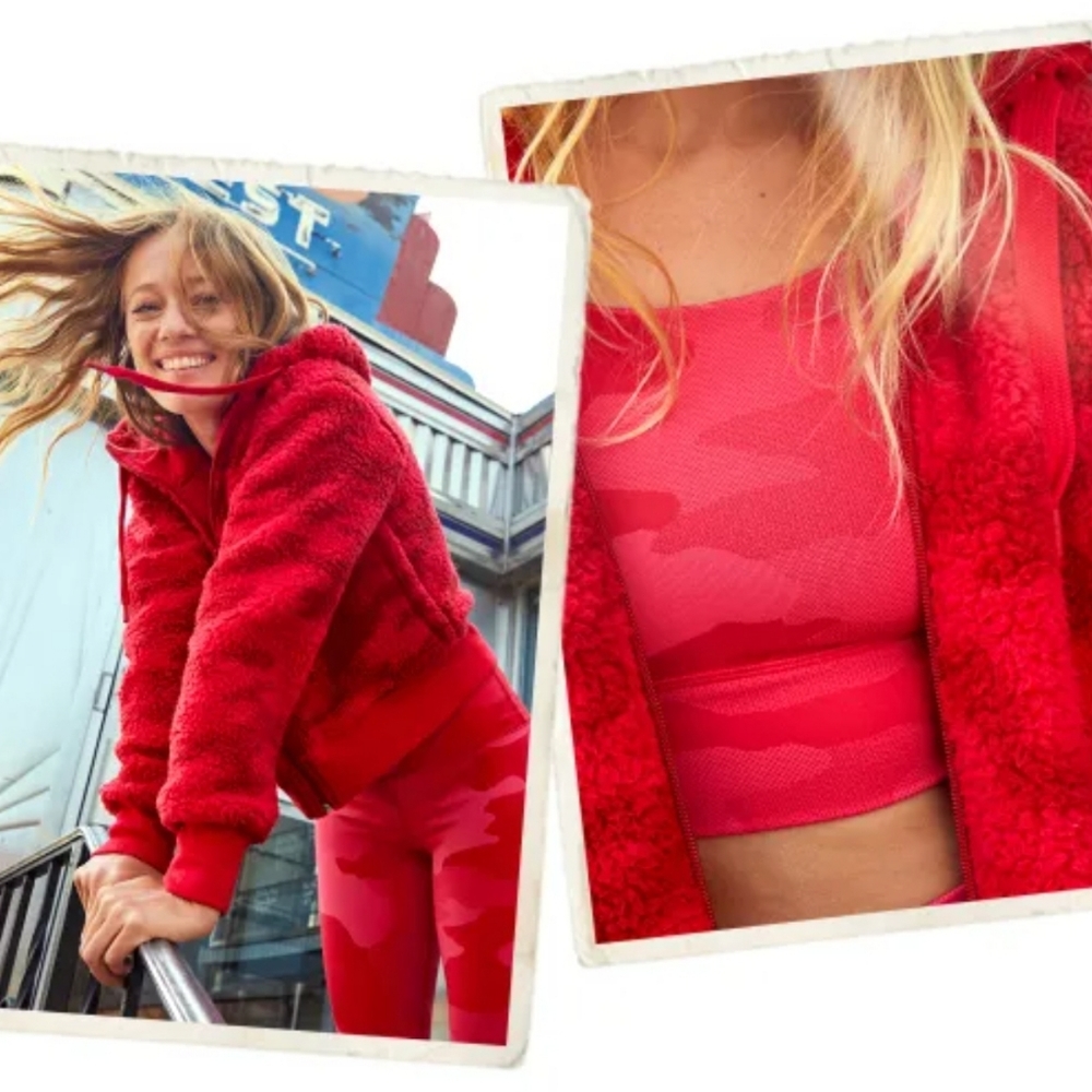 AERIE OFFLINE Red Camo Sherpa Cropped Hoodie sz M
